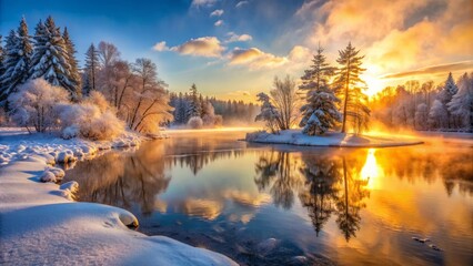 Fototapeta premium Serene winter landscape featuring vibrant sunrise hues casting golden light on frozen lake's intricate ice formations, surrounded by snow-covered trees and misty atmosphere.