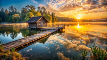 Obraz premium Serene morning scene featuring a tranquil lake with a wooden dock and rustic boathouse, bathed in warm golden light of a breathtaking sunrise.