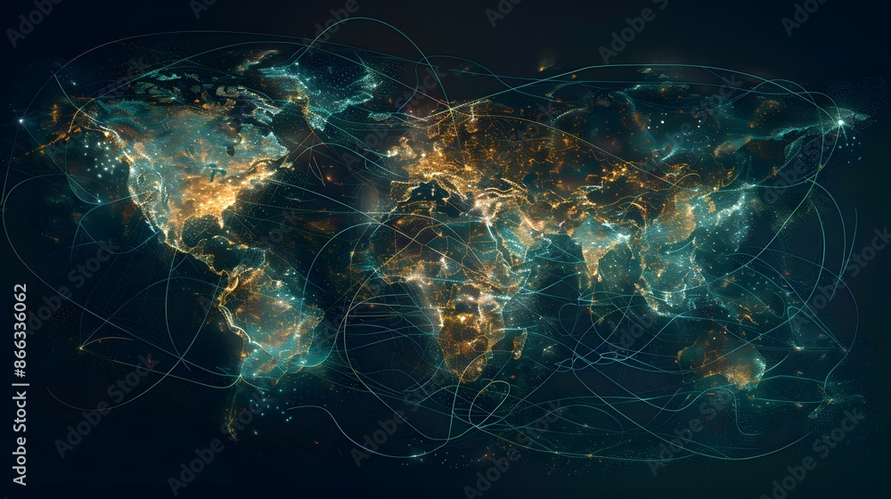 Poster the global nature of cyber threats and the need for global solutions, displayed as a world map entan