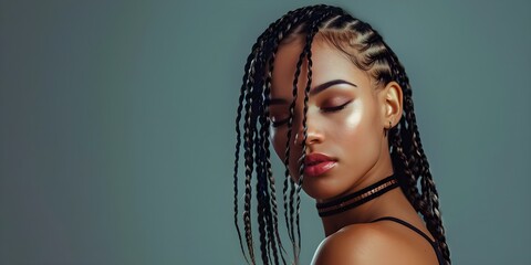 Attractive woman with modern hairstyle and cornrows against grey background. Concept Fashion Portraits, Modern Hairstyle, Colorful Backgrounds, Stylish Women