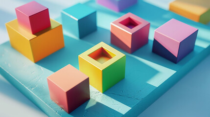 Obraz premium Colorful geometry box tools arranged in a square on a light blue surface.