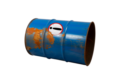 Blue barrel with biohazard warning exclamation mark, toxic waste. The symbol indicates that hazardous products death or poisoning. Rusty dangerous barrel pathogens agent, toxins on isolated background