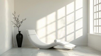 Minimalist white room with modern chaise lounge chair, sunlight streaming through window. Concept of interior design, relaxation, peace, and tranquility.