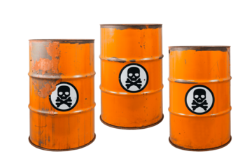 Barrel with toxic waste. Biohazard warning sign human skull with two crossed bones behind it. The symbol indicates that hazardous products death or poisoning. Rusty dangerous barrel with pathogens age