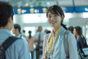 Fototapeta premium Portrait of a Japanese airport staff member guiding passengers at the gate, high detail, photorealistic, engaging atmosphere, bright environment