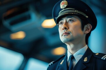 Portrait of a Japanese pilot preparing for a flight in the airport terminal, high quality photo, photorealistic, confident expression, studio lighting