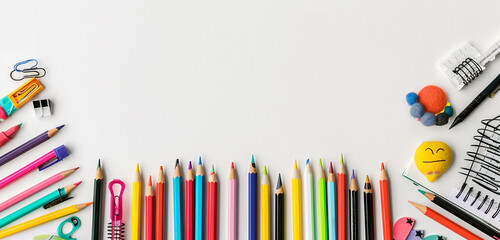 Colorful school supplies neatly forming a border on a white background, ideal for a back to school mock-up with central copy space.