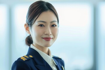 Fototapeta premium Portrait of a Japanese flight attendant giving safety instructions, high quality photo, photorealistic, professional expression, studio lighting