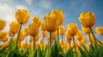 Vibrant Yellow Tulips Bloom Under Sunny Sky