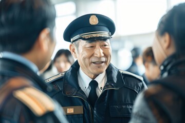 Obraz premium Portrait of a Japanese pilot talking to ground crew in the terminal, high quality photo, photorealistic, confident expression, well-lit environment