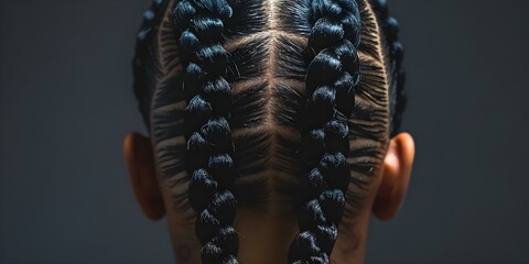 Detailed closeup of two stylish cornrow braids on the back of a head. Concept Hairstyle, Cornrow Braids, Detailed Closeup, Stylish, Hair Care