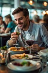 Portrait of an American traveler enjoying a meal in the airport restaurant, high detail, photorealistic, cheerful mood, well-lit setting