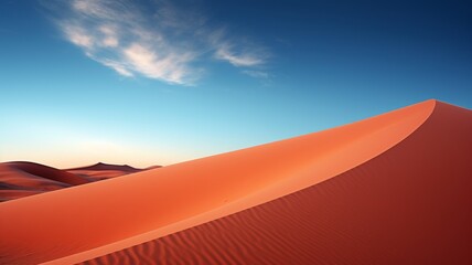 Red sand dunes of the Sahara Desert under a vast blue sky with fluffy white clouds. Scenic desert landscape, vastness and beauty of nature concept.