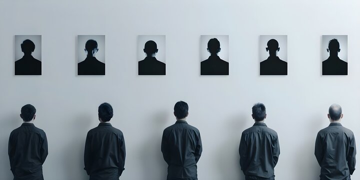 Police lineup for criminal identification with mugshots on a wall. Concept Criminal Identification, Police Lineup, Mugshots, Law Enforcement, Suspect Identification