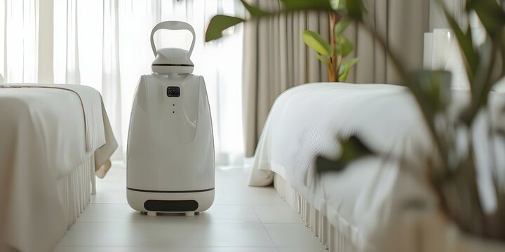 Robot concierge assists hotel guests with information and room service deliveries. Concept Hospitality, Technology, Customer Service, Automation, Hotel Operations