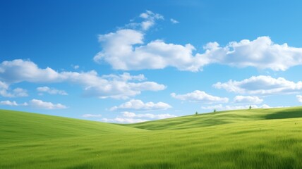 Idyllic Green Hills and Blue Sky with Clouds. Serene Landscape Background