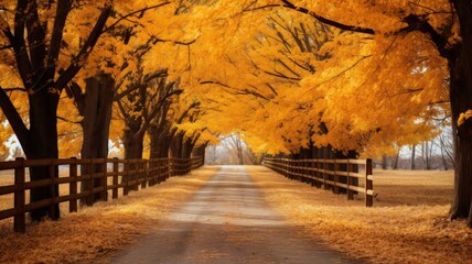 Naklejka premium Scenic Autumn Road. Golden Tree Canopy Over Country Lane