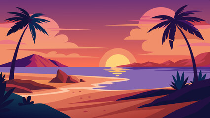 Sunset on Beach landscape vector illustration 