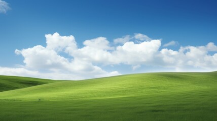 Fototapeta premium Serene green hills rolling under a bright blue sky dotted with fluffy white clouds. Ideal for nature, landscape, and environment-themed designs.