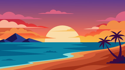 Sunset on Beach landscape vector illustration 