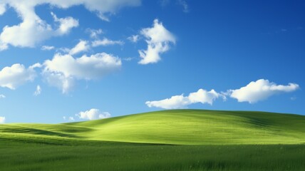 Fototapeta premium Idyllic Green Hills under a Blue Sky with Fluffy White Clouds. Concept of nature, serenity, peace, and tranquility.