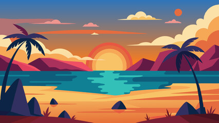 Sunset on Beach landscape vector illustration 