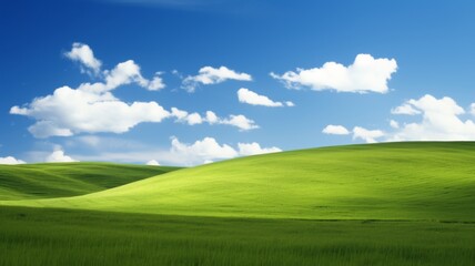 Fototapeta premium Idyllic Green Hills under Blue Sky with White Clouds, Peaceful Landscape Photography
