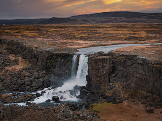 Aerial panorama of the Oxarafoss waterfalls in Iceland. Oxarafoss also called Oxararfoss is located in the Thingvellir National Park on the Oxara River. The tectonic plates of America and Eurasia.