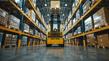 Fototapeta premium A yellow fortlift carries pallets in a large warehouse, wide angle