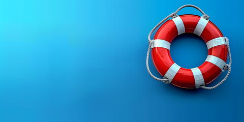 Lifebuoy on Solid Blue Background Banner with Space for Text, Coastal Safety Concept, Summer and Maritime Design Element
