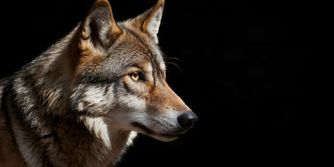 Obraz premium A close-up portrait of a majestic wolf, with intense yellow eyes, against a black background. Ideal for projects showcasing the wild beauty, power, and mystery of wolves.