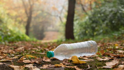 Obraz premium Empty water bottle litter in nature forest landscape, trash, garbage, rubbish, littering, recycling concept.