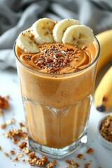 Banana Peanut Butter Smoothie: A creamy smoothie, swirled with peanut butter and topped with banana slices and a sprinkle of granola.