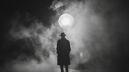 Obraz premium Mysterious silhouette against the full moon in foggy night