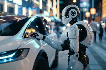 Fototapeta premium futurist scene of robot with artificial intelligence taking a electric car cab. integration of AI technology into everyday life
