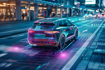 Fototapeta premium futurist scene with car taxi cab with artificial intelligence driving on the street. integration of AI technology into everyday life