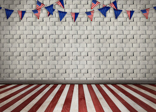 4th of july Independence Day theme, retro interior in USA flag color with empty old brick wall background, striped wood floor and party pennant, vintage festive concept for american national holidays.