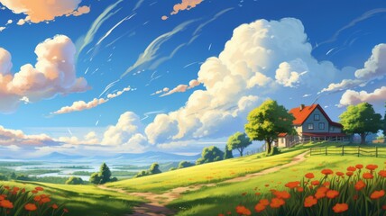 Fototapeta premium Idyllic countryside landscape with red farmhouse, blooming poppies, and rolling hills. Tranquil rural scene perfect for nature, travel, or lifestyle themes.