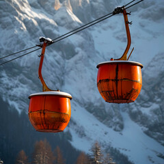 Obraz premium Scenic Cable Car Ride through Snowy Mountains at Dusk