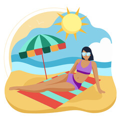 Summer Beach Illustration - Woman Sunbathing Under Umbrella MJ026