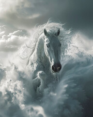 Obraz premium Majestic White Horse Amidst Snowy Mountain Peaks and Clouds