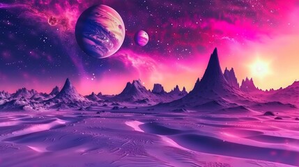 Fototapeta premium Spectacular cosmic landscape with planets and pink nebula