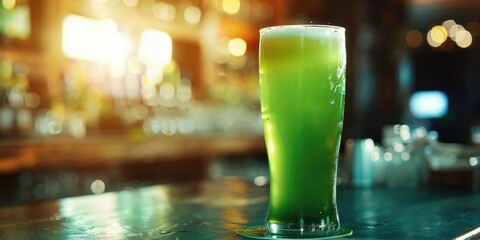Green beer in a pub St Patricks day with copy space