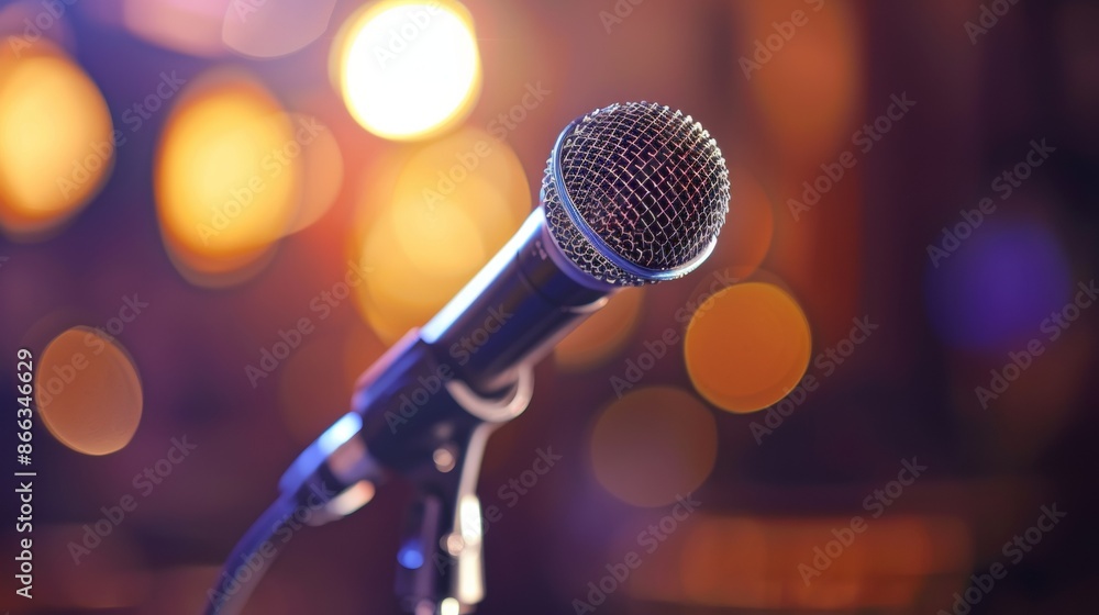 Poster microphone on stage with colorful bokeh background
