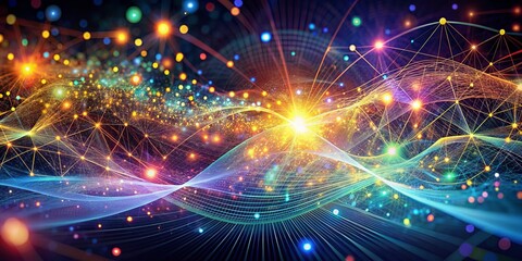 Naklejka premium Vibrant, futuristic digital graphic abstract background featuring swirling particles, neural networks, and data streams, illustrating the fundamentals of artificial intelligence technology.