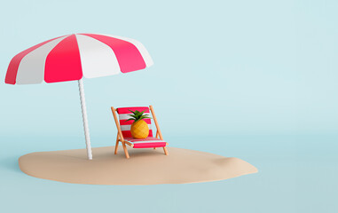 3d illustration of a pineapple on the beach deck chair and umbrella on the sand on isolated blue background	