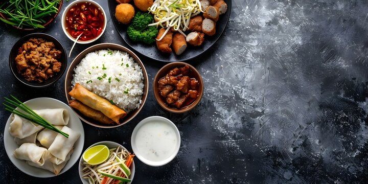 Overhead view of Filipino dishes like adobo lumpia and halohalo ingredients. Concept Filipino Cuisine, Overhead Photography, Adobo, Lumpia, Halohalo