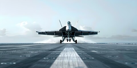 Digital artwork of military aircraft launching from aircraft carrier deck in open sea. Concept Military Aircraft, Aircraft Carrier, Open Sea, Digital Artwork, Launching