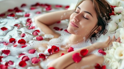 Beautiful girl takes a bath with foam and rose petals. Spa treatments for skin rejuvenation