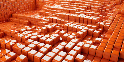 Fototapeta premium A landscape of densely packed orange cubes, some rising above others to create a dynamic, three-dimensional terrain. Perfect for technology, construction, or abstract backgrounds.